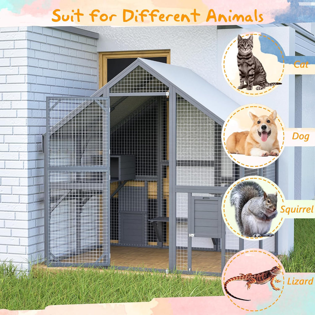 28ft2 Large Outdoor Cat House, Luxury Wooden Walk-in Catio Enclosure with 2 Doors & 2 Hiding Houses, Escape-Proof