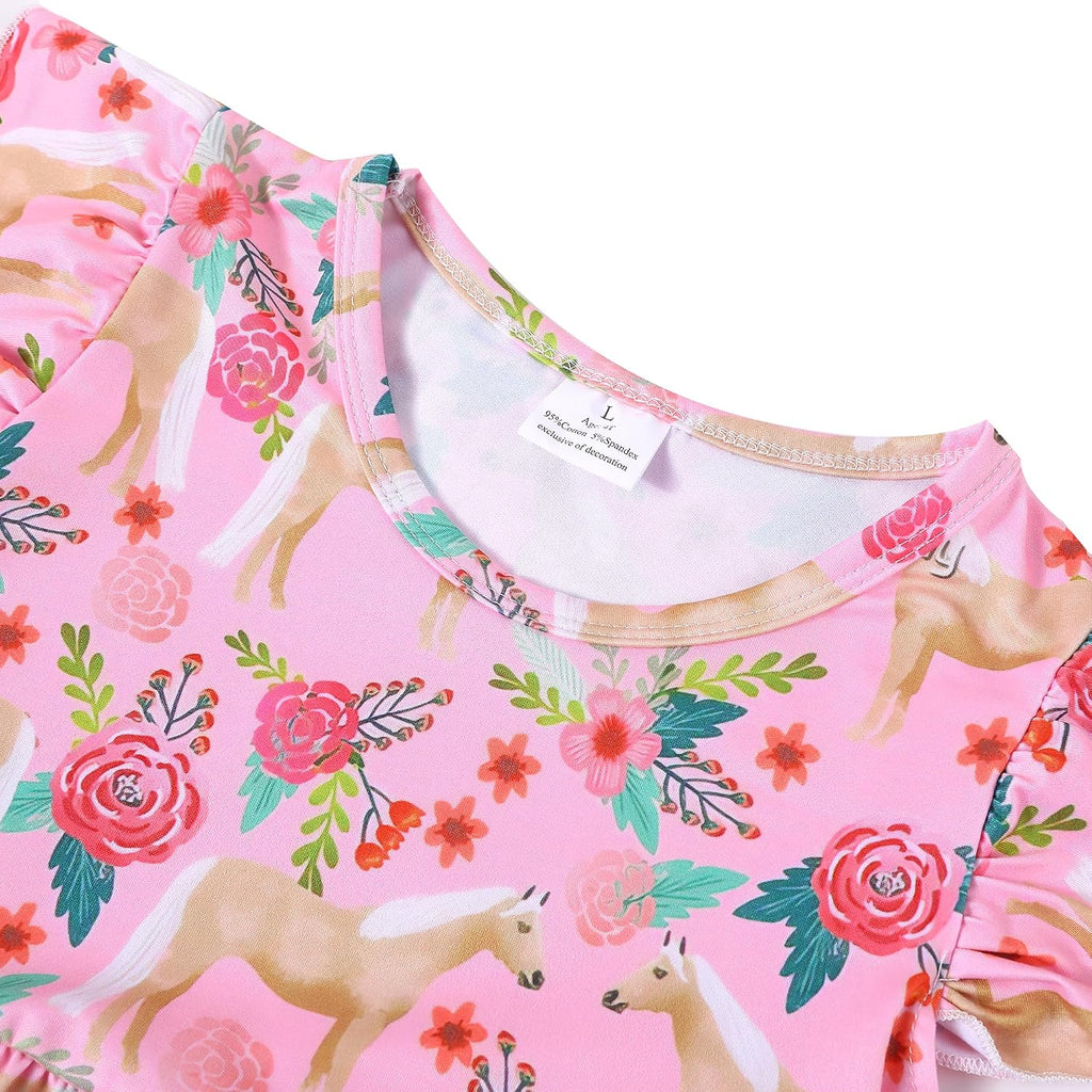 Toddler Girls Casual Dress Farm Animal Horse Print Dresses Flutter Sleeve Clothes