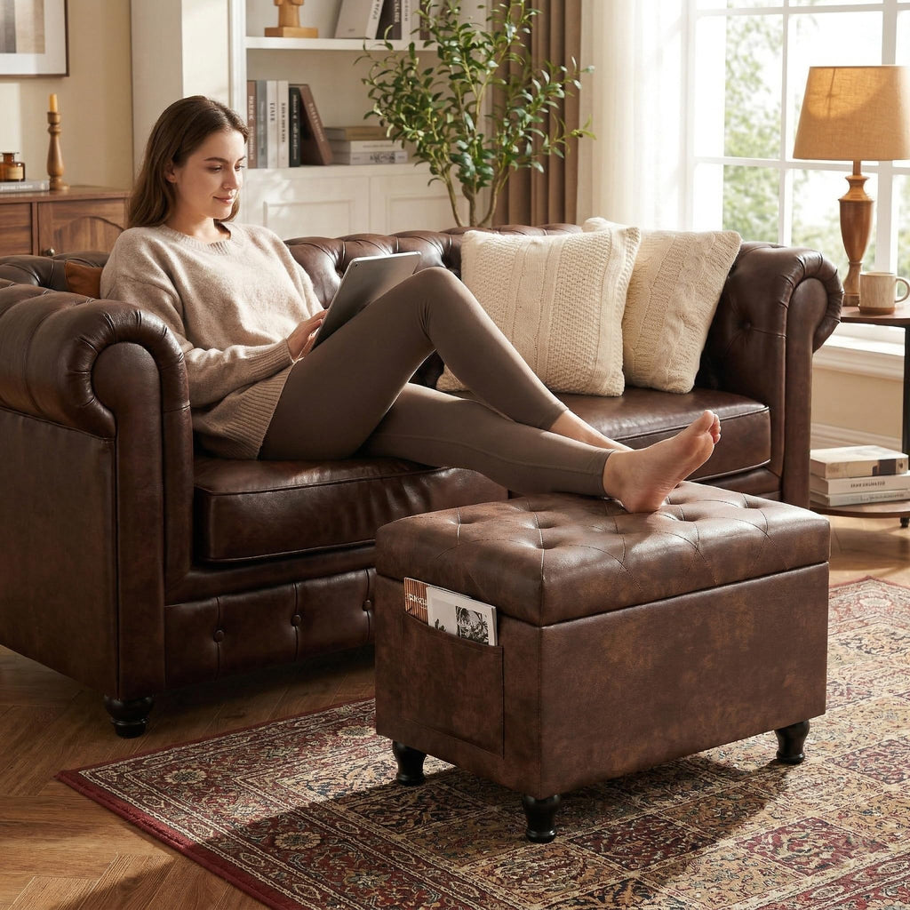 24" Brown Ottoman with Storage, Faux Leather Footrest