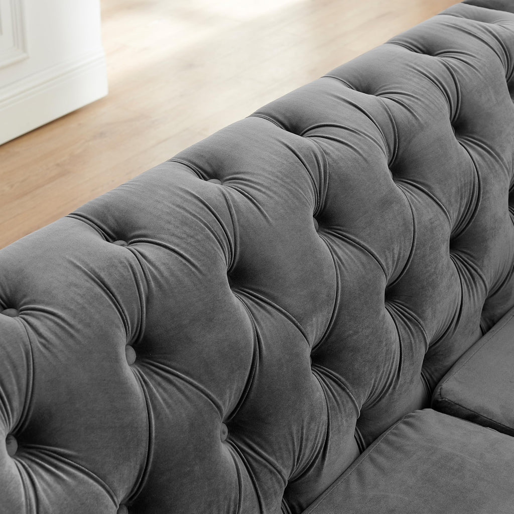 111" L-Shaped Luxury Velvet Chesterfield Sectional Sofa with Gold Stainless Steel Accents and 7 Pillows, Mid-Century