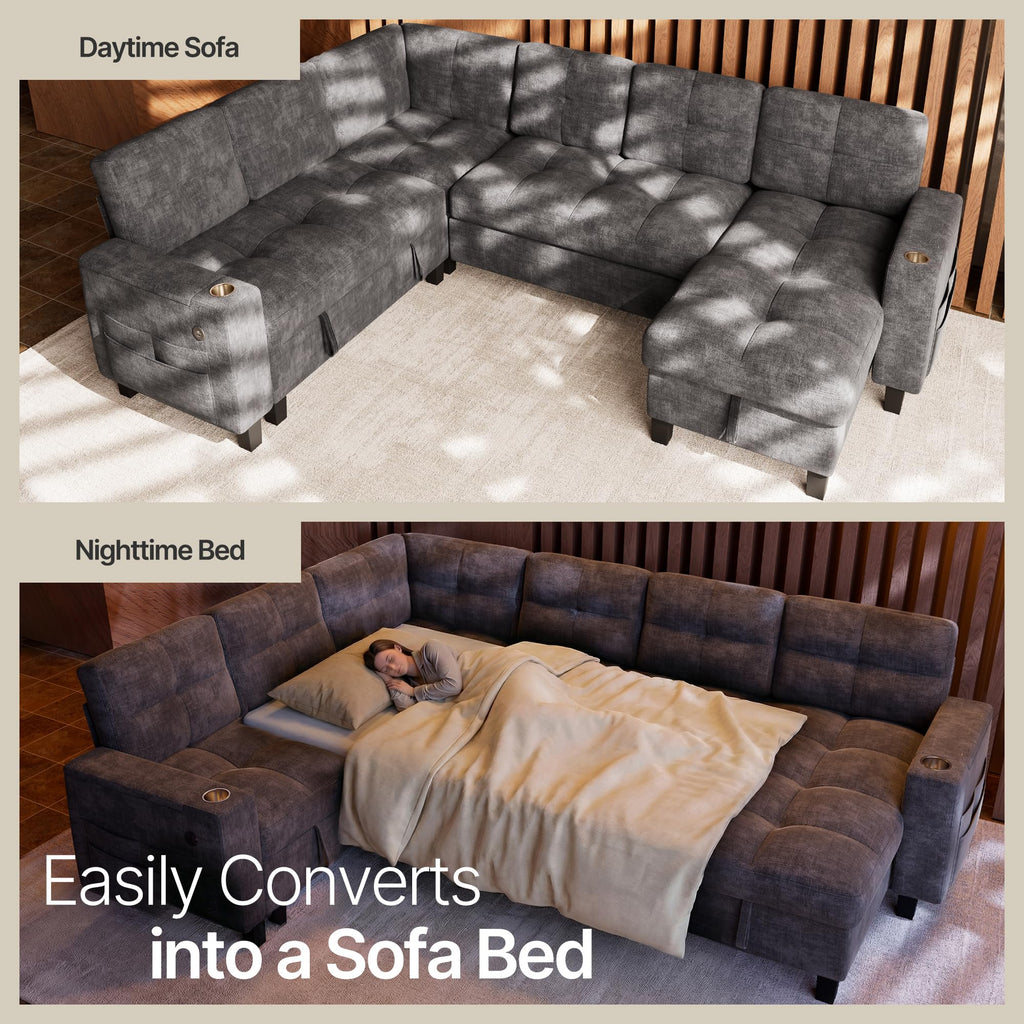 7 Seat Modular Sectional Sleeper Sofa with Pull Out Bed, Light Gray