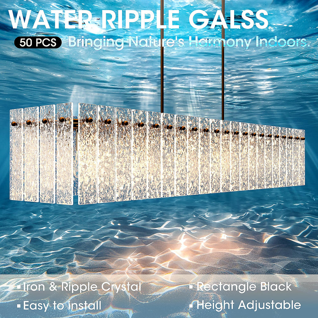 Modern Black Rectangle Chandelier, Black 48" Dining Room Chandelier with Water Ripple Glass, Linear Crystal