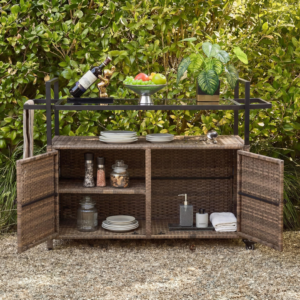51.2" Wicker Outdoor Bar Cart - Brown Patio Console Storage Table Buffet Cabinet Serving Kitchen Cart with Wheels for