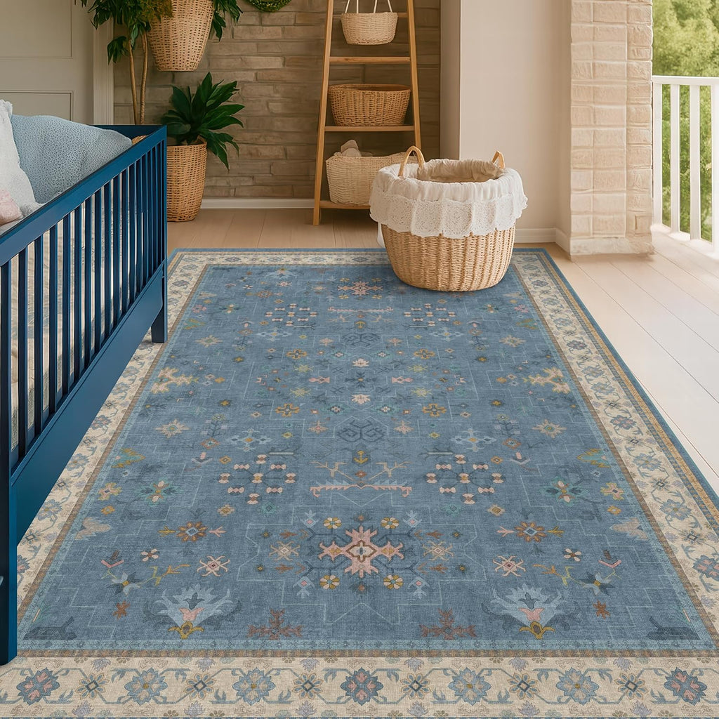 Washable 5x7 Blue Rugs for Kids Room, Boho 5 x 7 Nursery Rug Boys, Colorful Eclectic Low-Pile Carpet, Dining Table