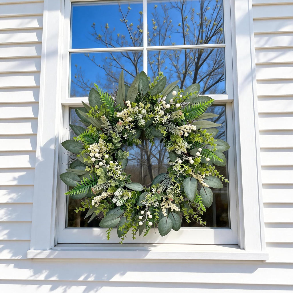 24 Inch Greenery Wreaths for Front Door - Artificial Eucalyptus Wreath with White Berries and Mixed Green Leaves