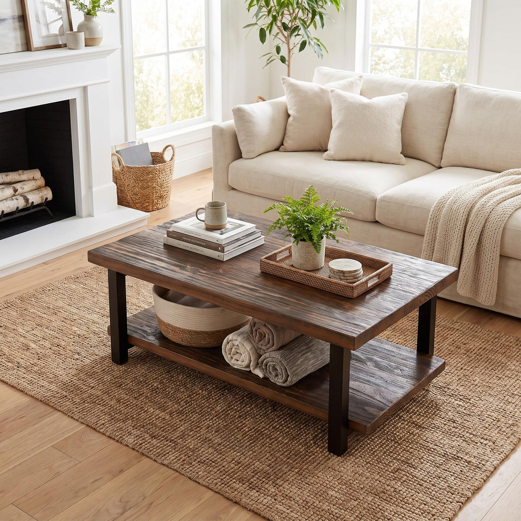Pomona Solid Wood Coffee Table, Rustic Brown, 48"