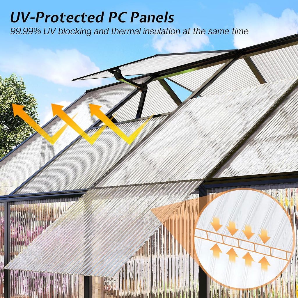 6x12Ft Polycarbonate Greenhouses for Outdoors, 2 Top-Opening Windows, Swing Doors, Aluminum Walk-in Heavy Duty for