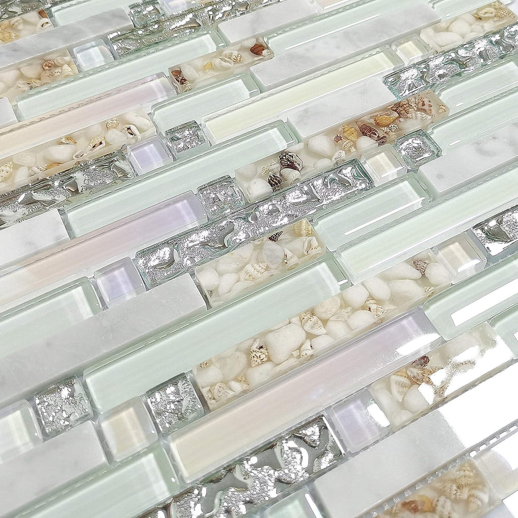 Beach Style Wall Tile Mosaic Kitchen Backsplash Green Bathroom Silver Glass Conch Stone White Marble Iridescent