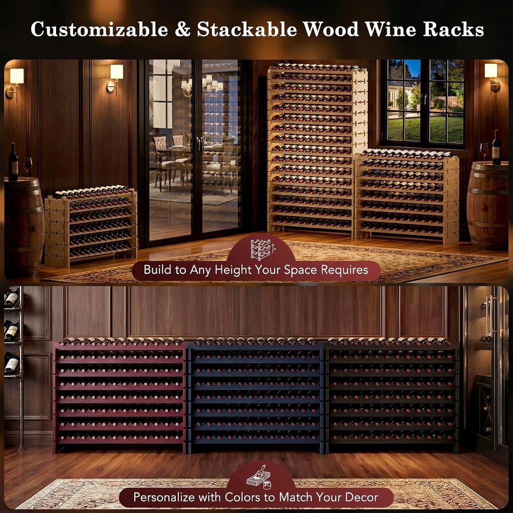 96 Bottles Stackable Modular Wine Rack, 8-Tier Wooden Wine Storage Rack Freestanding Wine Holder Display Shelves