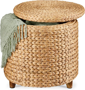 17" Round Storage Ottoman W/Lid, Handwoven Water Hyacinth Footstool, Footrest w/Wooden Legs, Accent Side Table