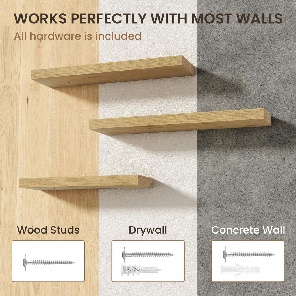 72 Inch Floating Shelves, 6.5 Inch Deep Oak Shelves Set of 2