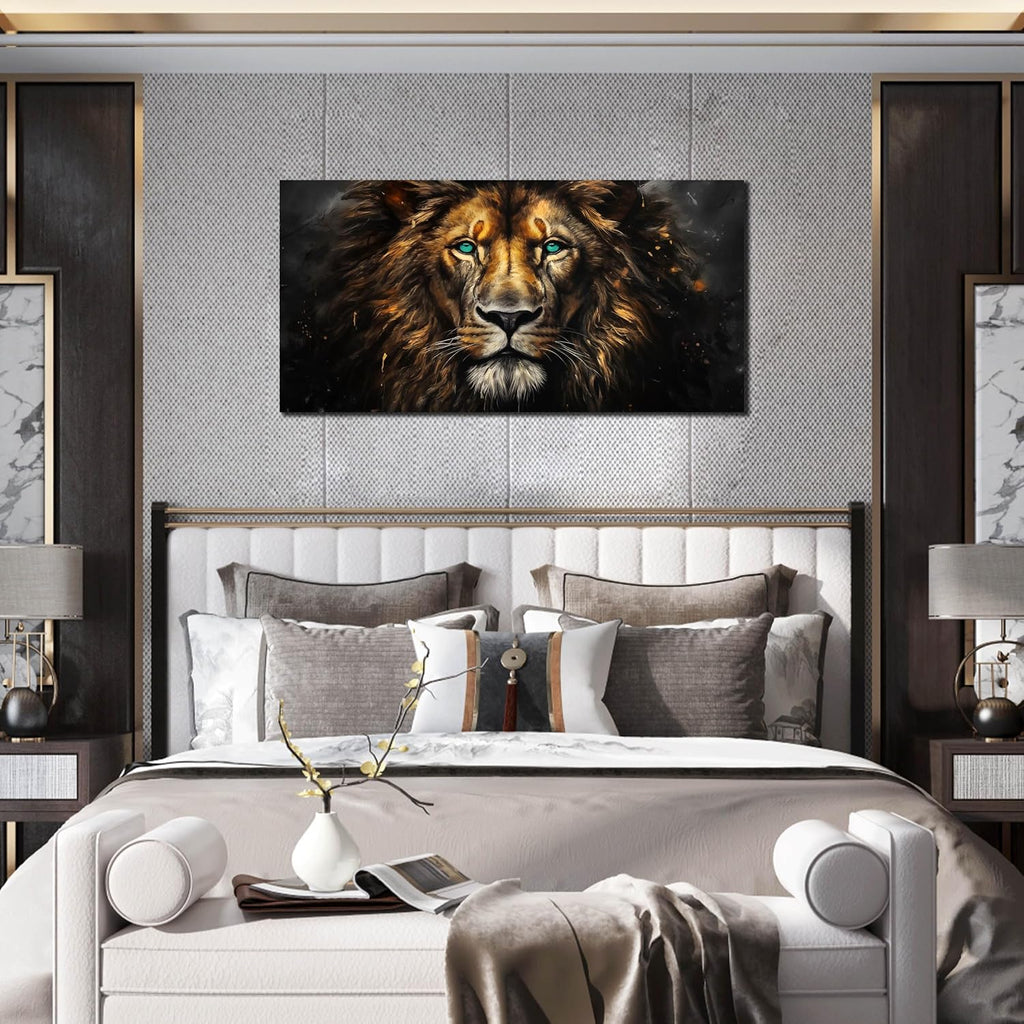 Canvas Wall Art Decor - Golden-Brown Lion with Blue Eyes Wildlife Wild Animal Picture Print Artwork - Ideal Teen