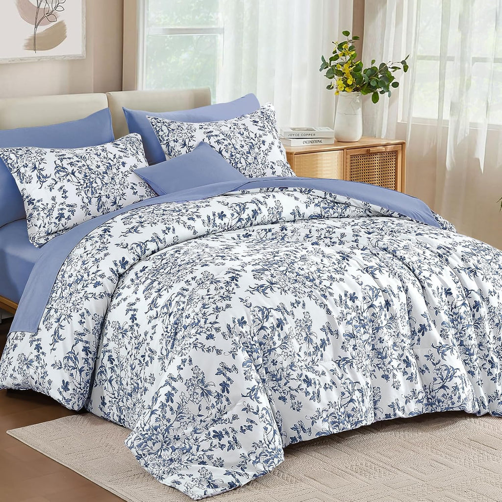 Blue Floral Comforter Set Queen, 8 Pieces Flower Botanical Bed in a Bag Bedding Set, Soft Microfiber Comforter, Sheets