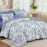 Blue Floral Comforter Set Queen, 8 Pieces Flower Botanical Bed in a Bag Bedding Set, Soft Microfiber Comforter, Sheets