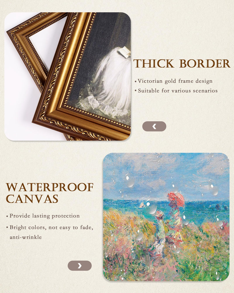 Vintage Gold Framed Gallery Canvas Print Wall Art Claude Monet Cliff Walk at Pourville Nature Wilderness Painting