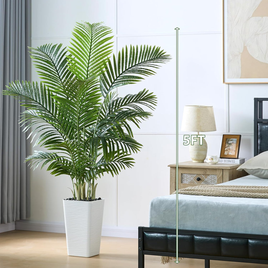 Artificial Palm Tree 5FT - Tall Fake Tree with White Taper Planter & Pebbles, UV Resistant, Large Potted Faux Plant