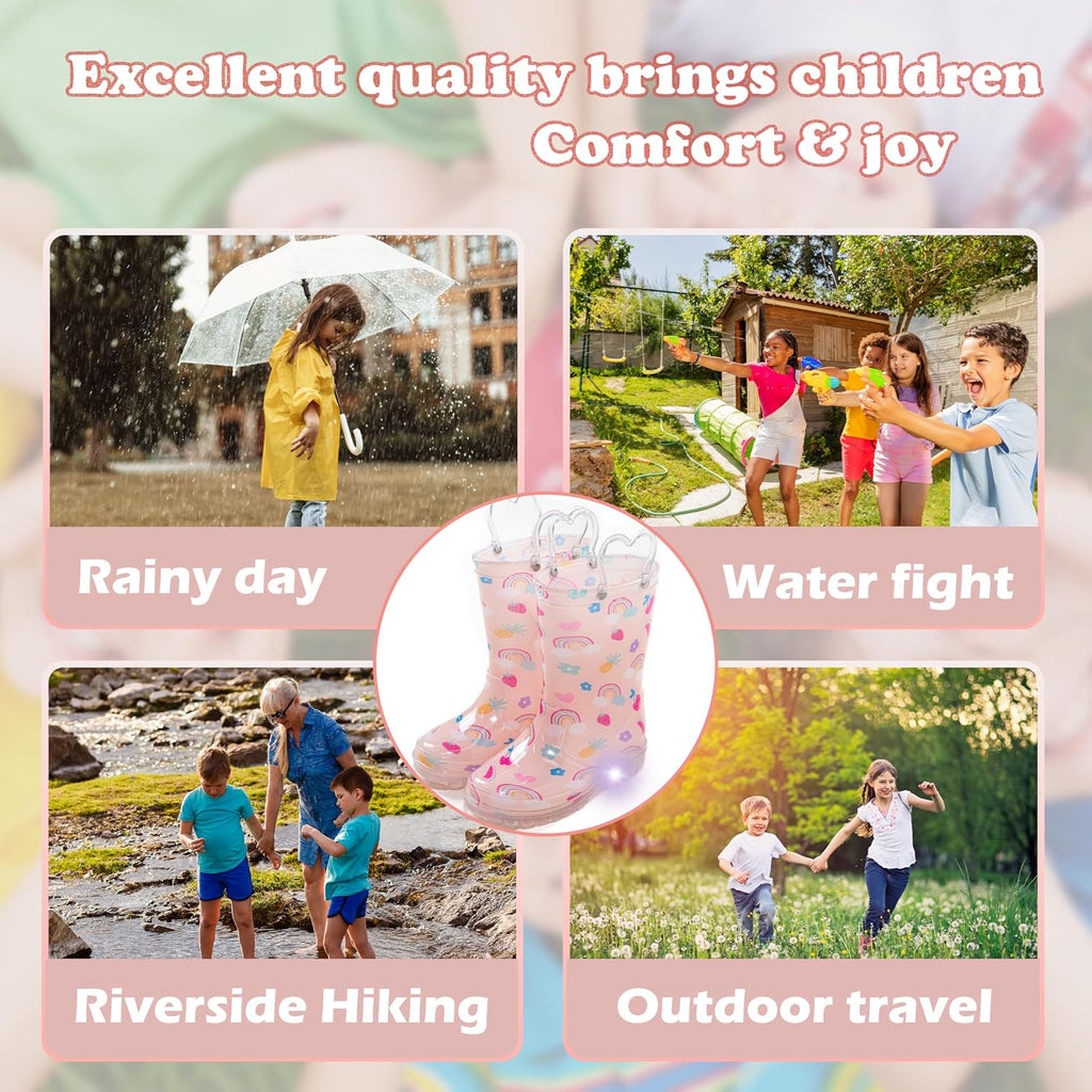Toddler Rain Boots Waterproof Rubber Kids Rain Boots for Girls and Boys with Fun Patterns and Easy-On Handles