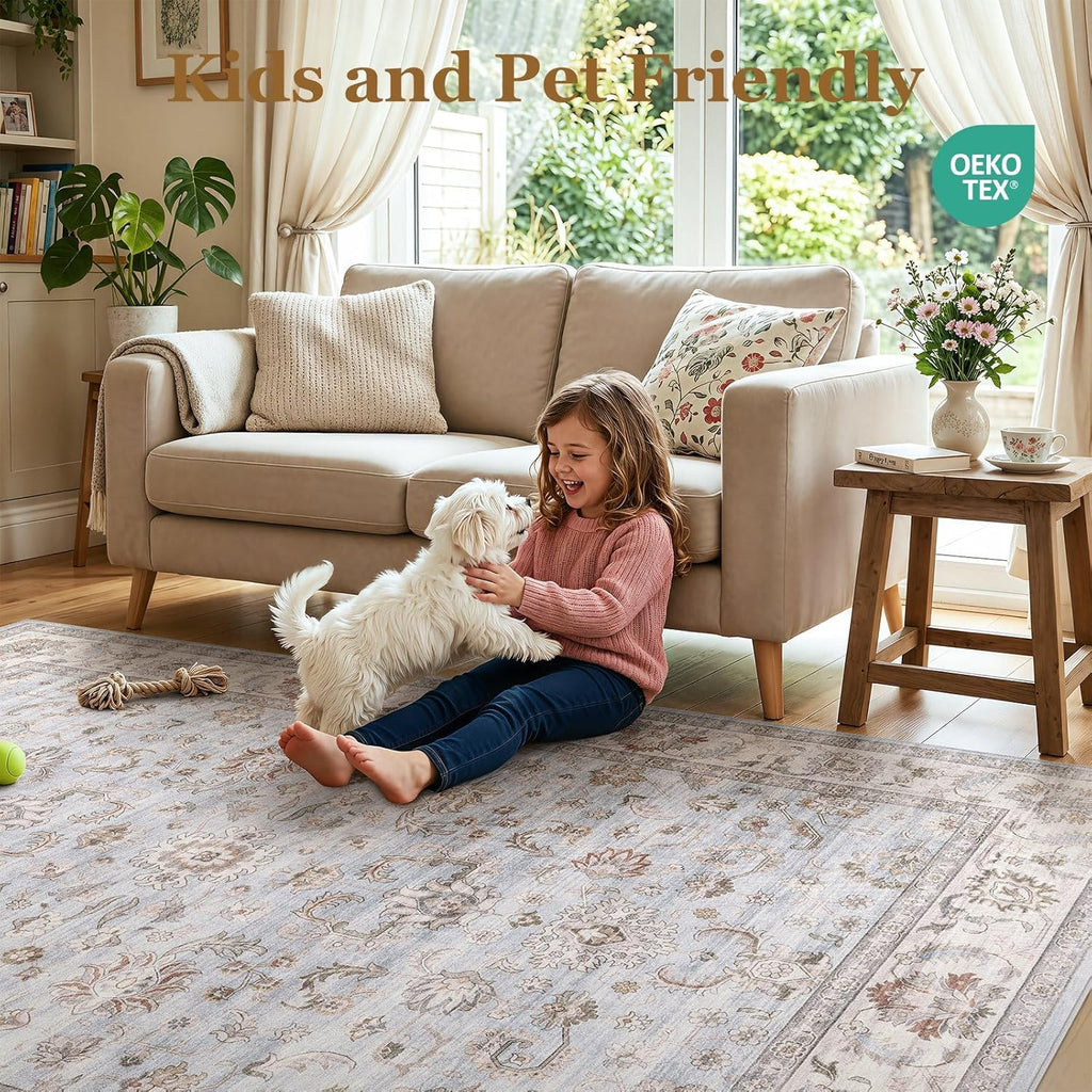 10x14 Area Rugs for Living Room: Machine Washable Non Slip Vintage Carpet - Low Pile Lightweight Pri