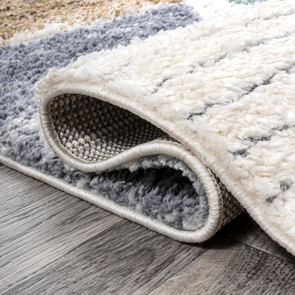 Colorblock Carved High-Low Multi Runner Rug 2X8 ft, Aileen Geometric Scandi, Easy-Cleaning, High Traffic