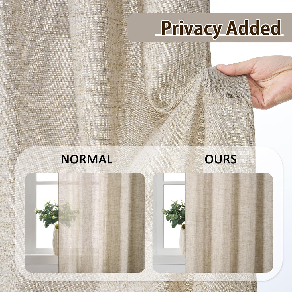 Beige Sheer Curtains 120 Inches Long with Pinch Pleat, Back Tab Pleated Drapes Hooks Thick Linen Textured Boho