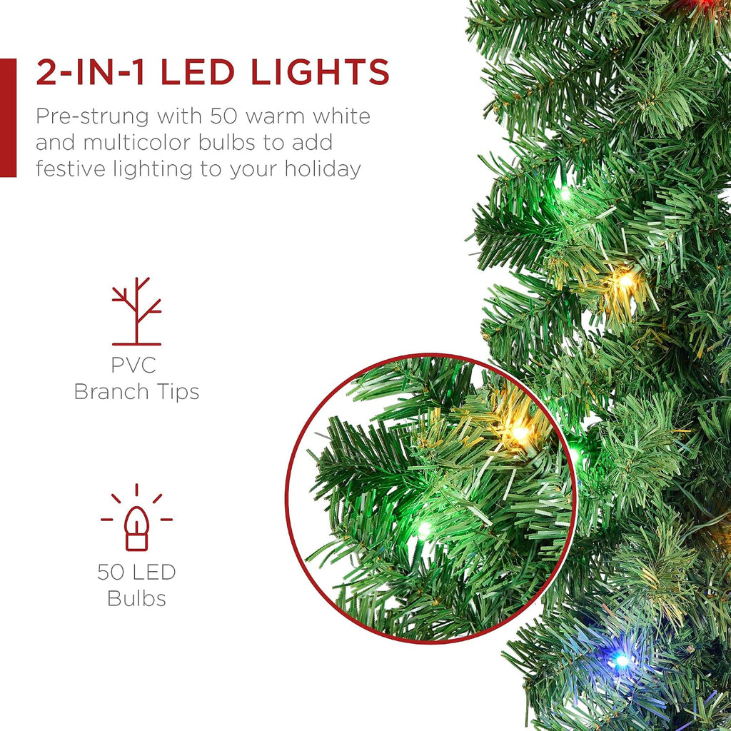 9ft Pre-Lit Battery Powered Christmas Garland for Stairs, Traditional Fireplace Holiday Decoration w/ 50 2-in-1 LED