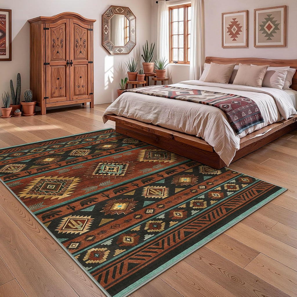 Southwestern 5x7 Red Washable Area Rugs for Living Bedroom