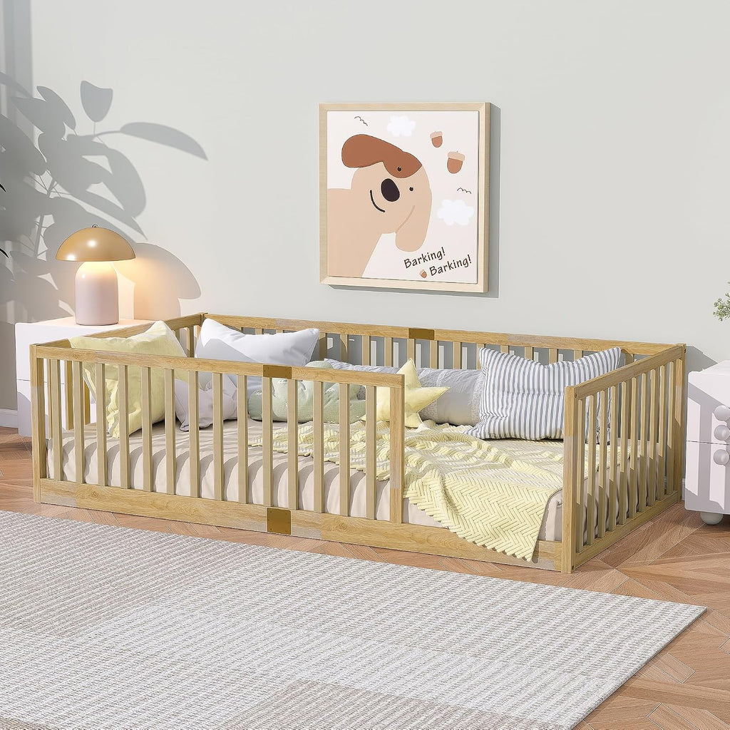 Toddler Floor Bed with High Rails, Natural