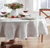 Christmas Carol Holiday Noel Damask Fabric Tablecloth, 60 x 84 Inch Oval, Grey, Holly Leaf Poinsetti