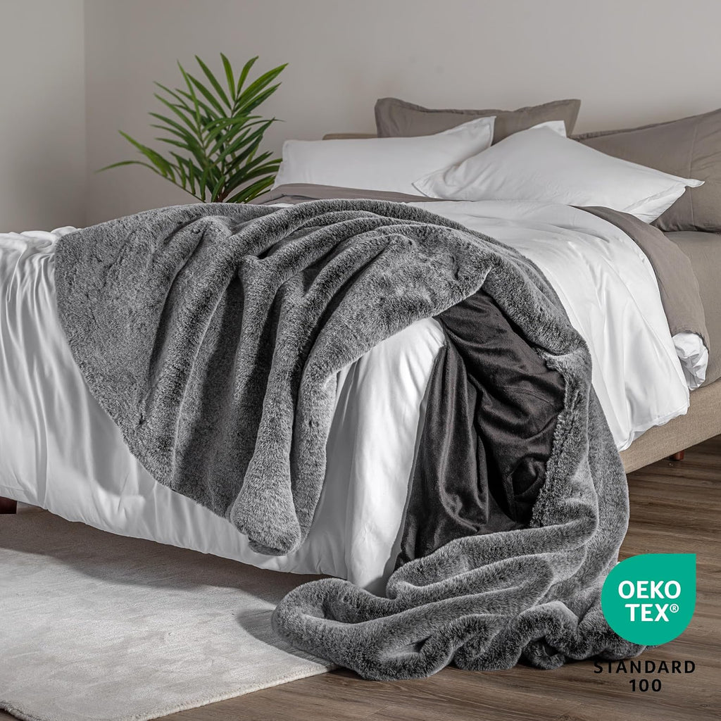 Faux Fur Blanket (Throw, Variegated Grey) | Ultra-Soft Luxurious, Cozy Warm Blanket for Couch, Sofa, Chair, Bed