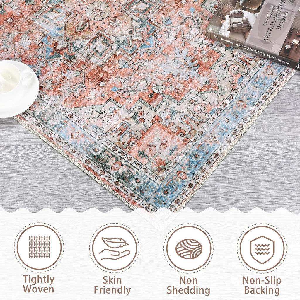 Machine Washable Area Rug 5x7 Vintage Distressed Area Rug Bedroom Traditional Medallion Floral Non-Slip Stain