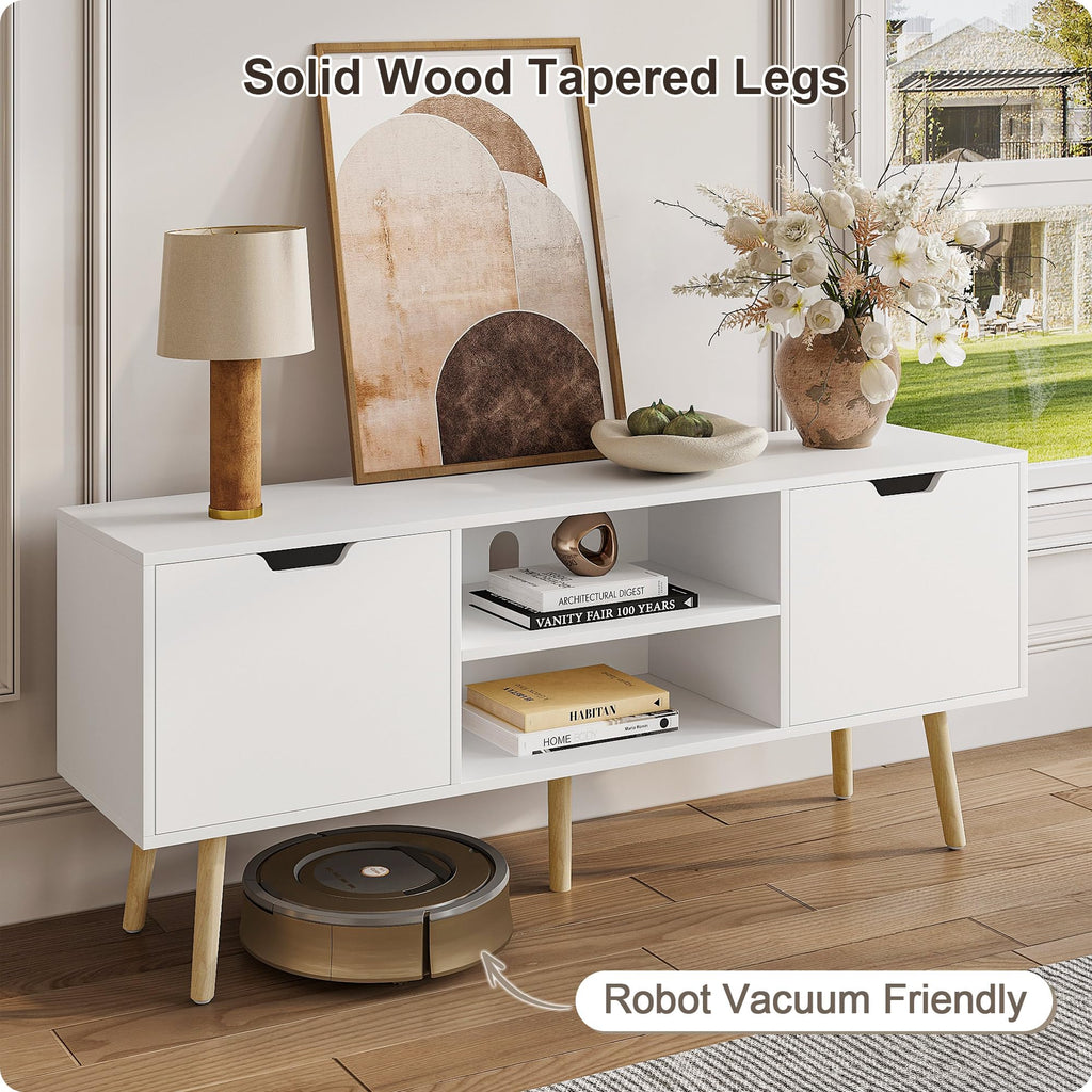 White TV Stand for 50 55 60+ Inch TVs, Modern TV Console with Storage Cabinets, Open Shelves and Solid Wood Legs
