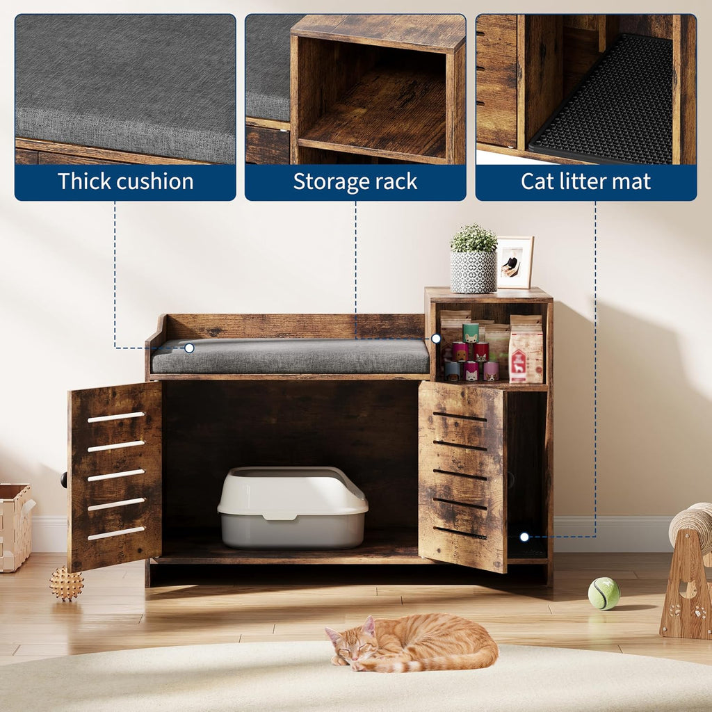 Cat Litter Box Enclosure, Hidden Litter Box Cabinet Furniture with Scratch Pad, Farmhouse Indoor Cats House