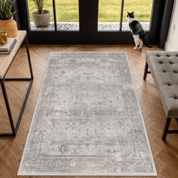 Washable Entryway Rug, Neutral Gray Vintage Distressed Geometric Rug, Mudroom & Laundry Room, Non Slip Low Pile