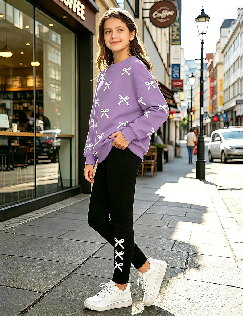 Girls Clothes 2 Piece Outfit Bow Print Sweatshirt Tops and Leggings Pants Fall Winter Clothing Set