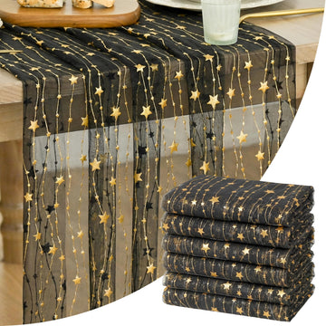 Stars Black Gauze Table Runner 10FT 6PC, Glitter Metallic Foil Sheer Dining Wedding Anniversary Holiday Birthday