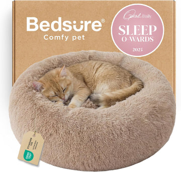 Calming Cat Beds Donut Round Washable Kitten Bed, 20 inches Camel