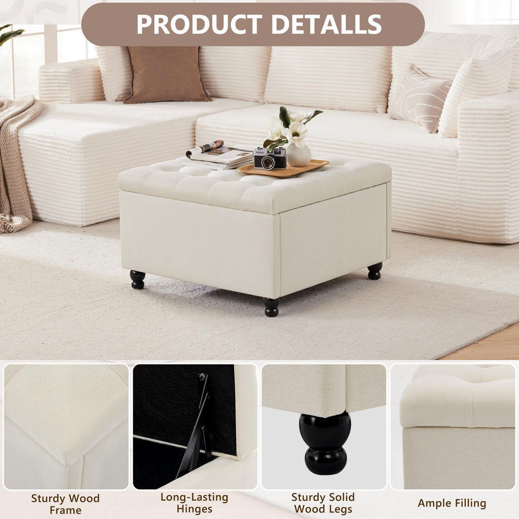30" Large Square Ottoman with Storage, Fabric Ottoman Coffee Table, Beige