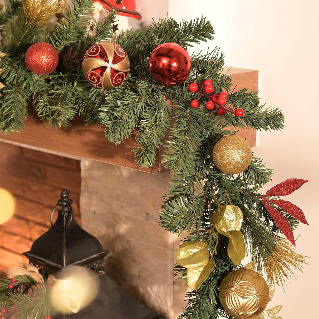 6 Feet Pre-Lit Christmas Garland with Red Gold Ball Ribbons