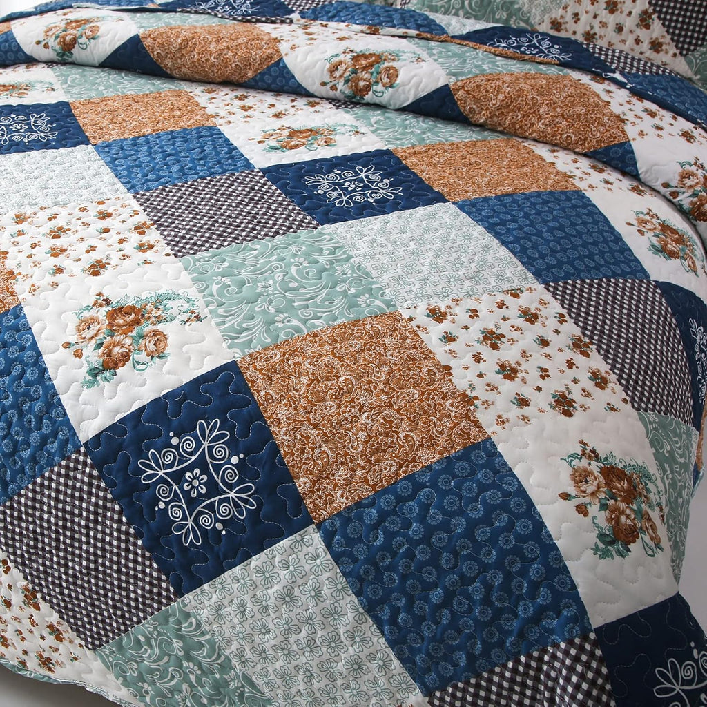 Reversible Patchwork Quilt Bedding Set Queen Blue Green Grey Plaid Floral Pattern Bedspread Set Soft Microfiber