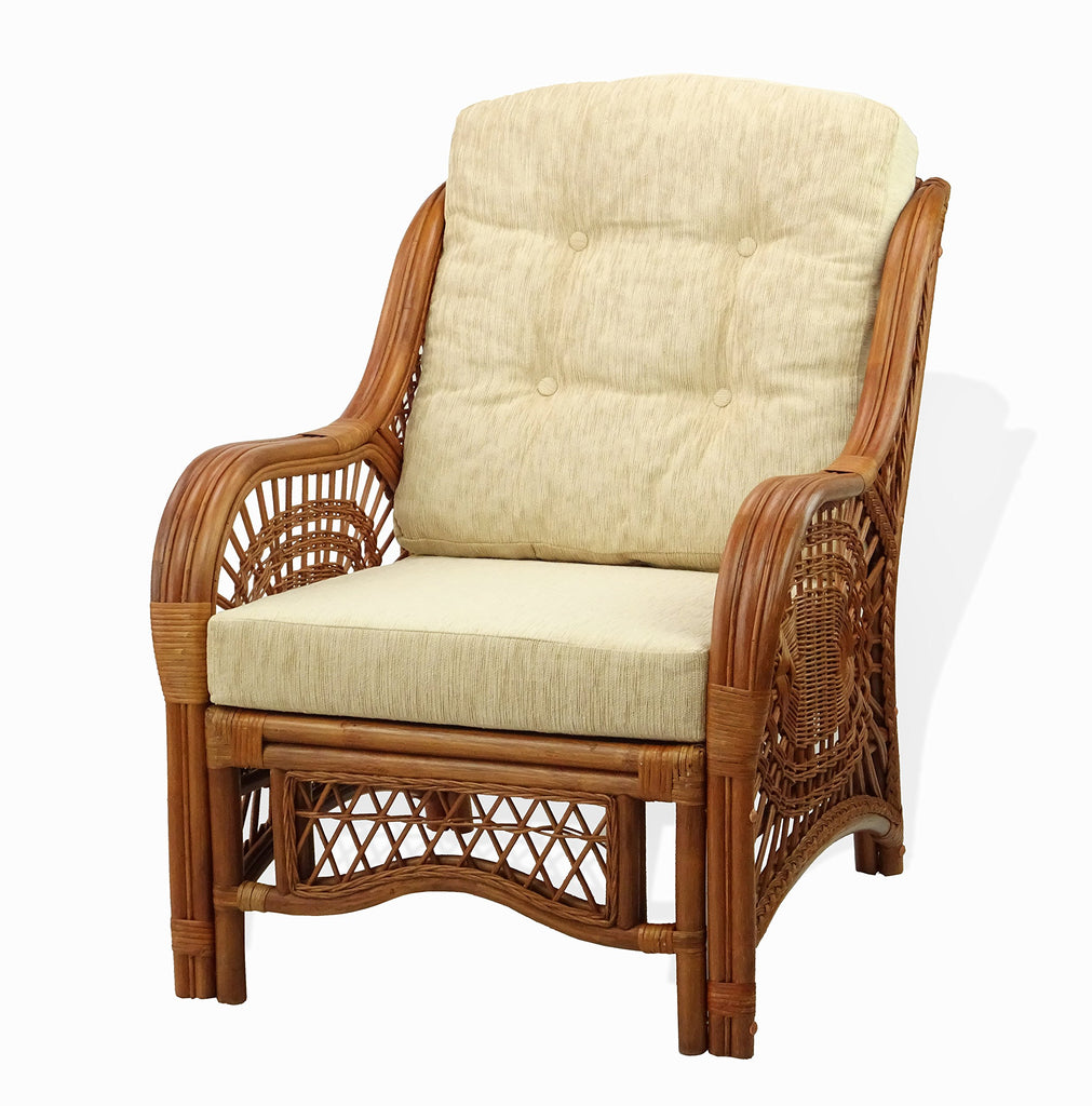 Malibu Lounge Living Accent Armchair Natural Rattan Wicker Handmade Design, Colonial with Cream Cushion