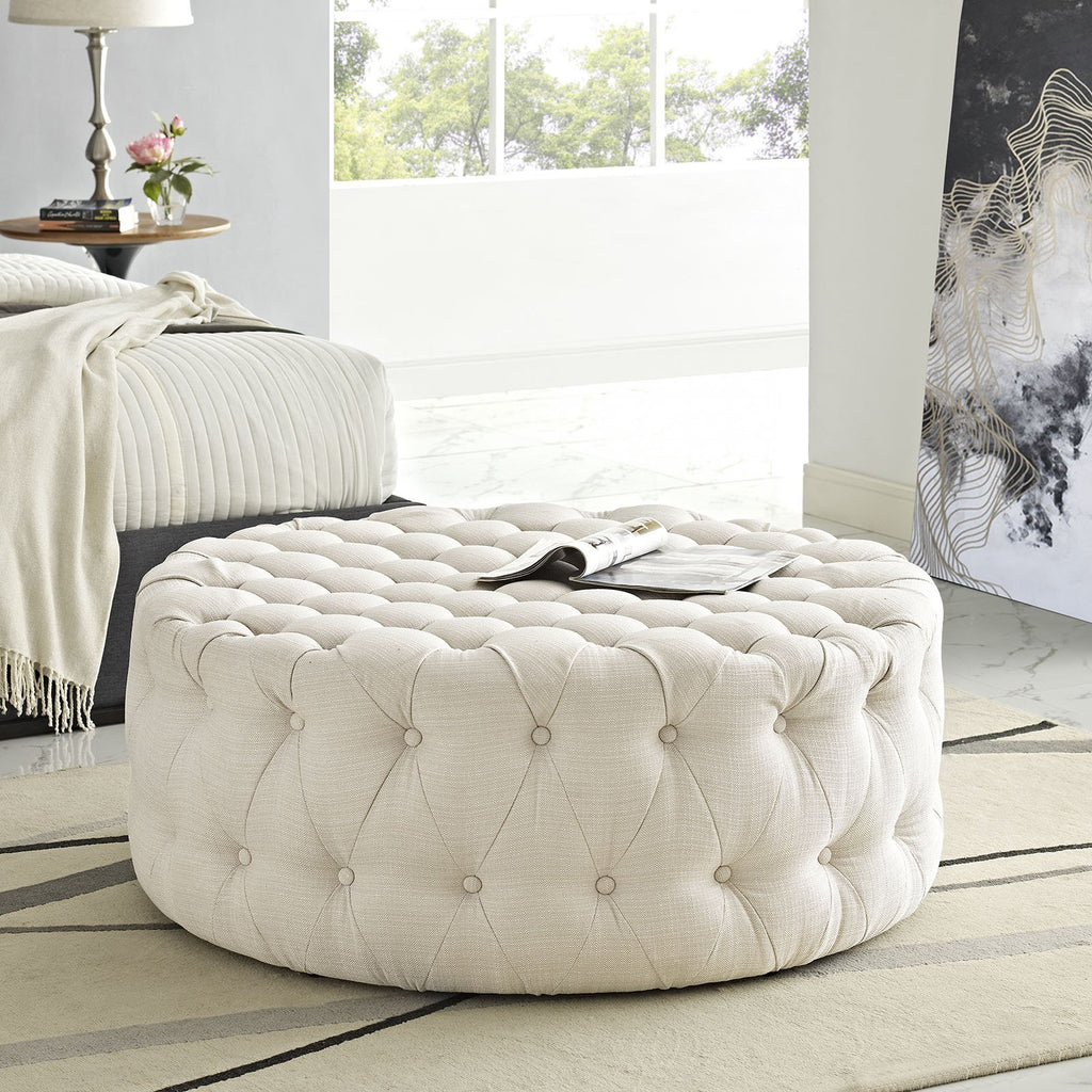 BEIAmourFabric Upholstered Button-Tufted RoundOttomanBeige