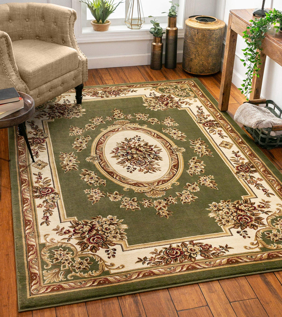Timeless Collection Le Petit Palais Green Luxurious Traditional French Aubusson Medallion Oriental Area Rug