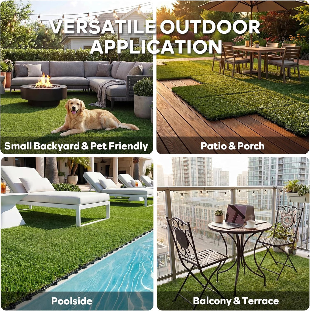 Outdoor Artificial Grass Tiles Interlocking Turf Squares 9 Pack, 12"x12" Fake Grass Mat for Balcony Patio Deck Flooring
