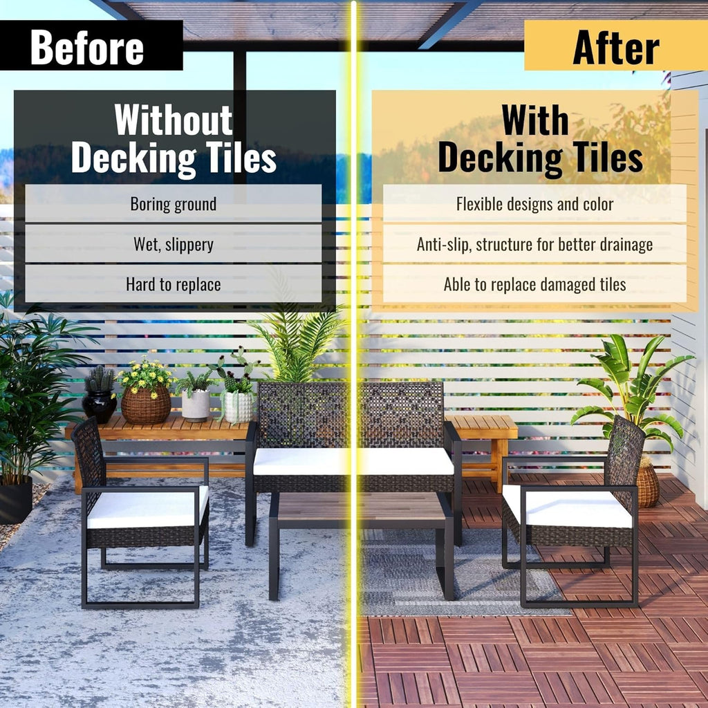 Wood Interlocking Deck Tiles, 12" x 12" Square Outdoor Flooring, Water-Resistant Patio Tiles for Balcony, Poolside