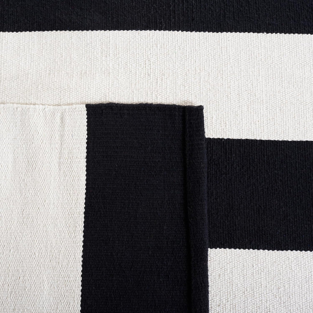 Montauk Collection Area Rug - 8' Square, Black & Ivory, Handmade Flatweave Cotton, Woven Texture, Farmhouse Stripe