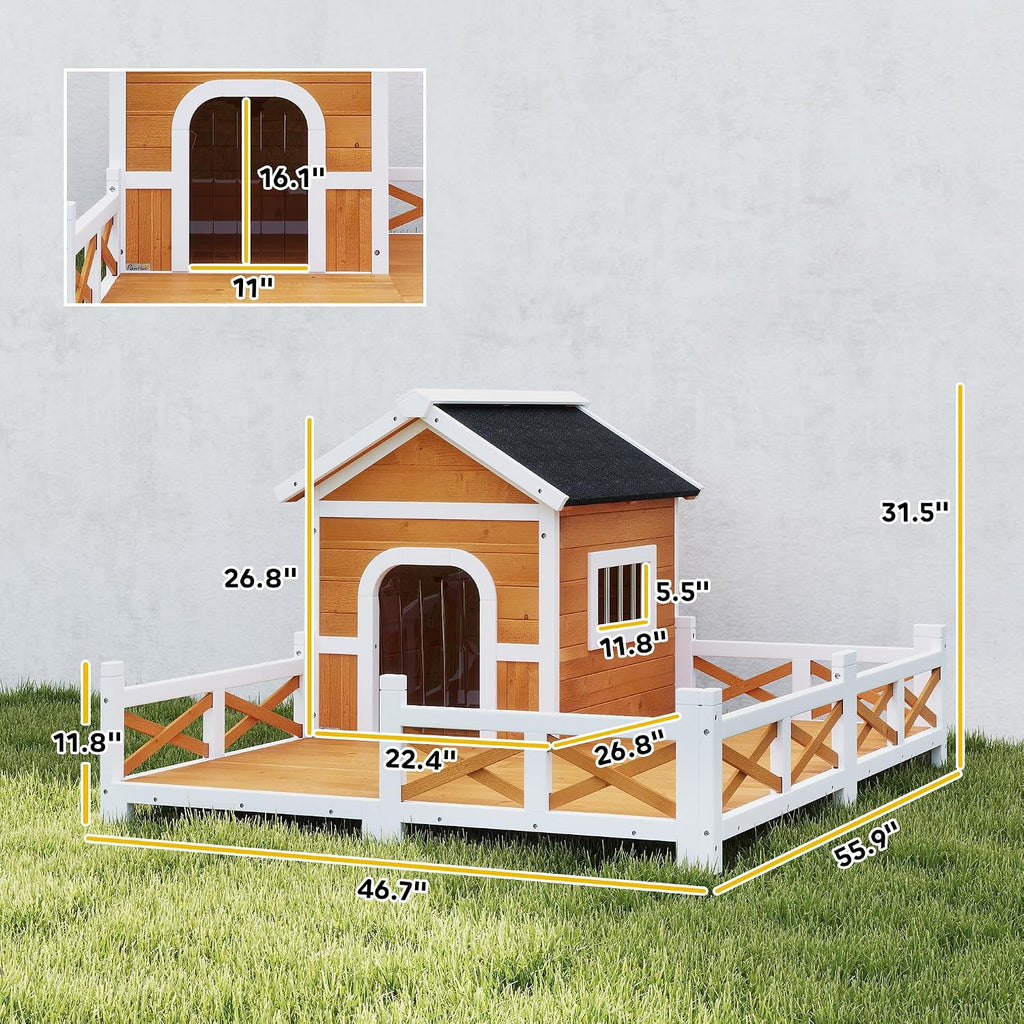 Outdoor Dog House, 56" Wooden Dog House with Large Porch, Weatherproof & Openable Roof, Elevated Base, Removable