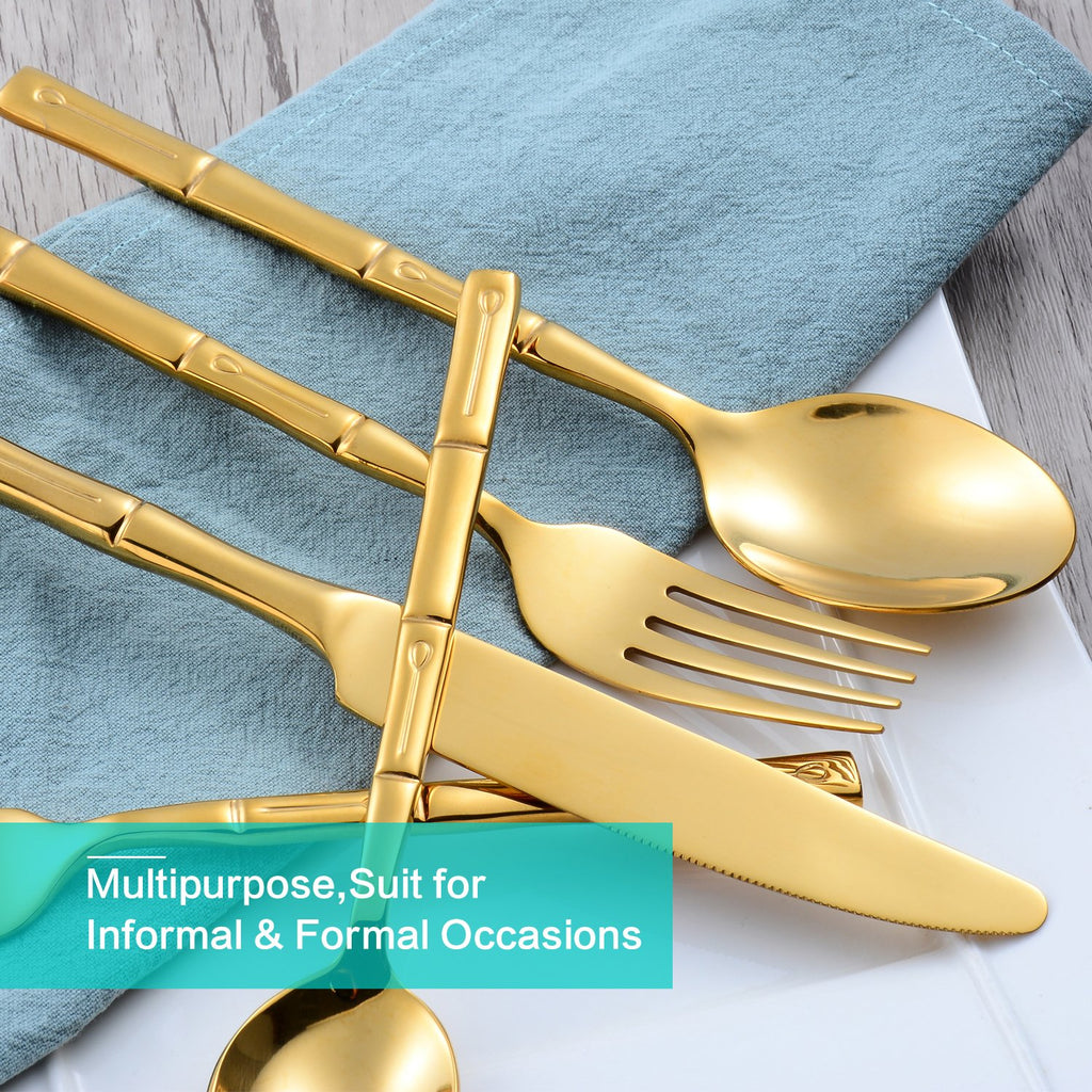 Flatware Set Gold Silverware Set with Bamboo Pattern Mirror Polished 20 Pieces Cutlery Set Housewarming Wedding Gift