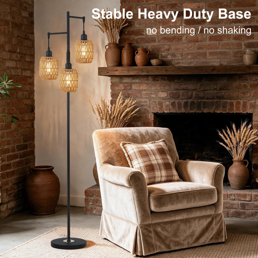 Boho Rattan Tree Floor Lamp, Black Dimmable Standing Lamp