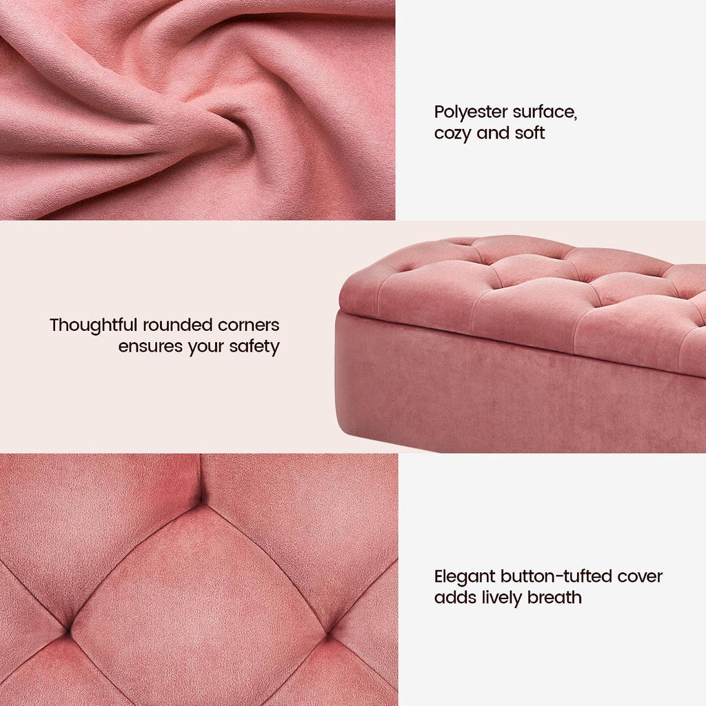 43in Ottoman Bench Velvet Storage End of Bed, Pink | Button-Tufted Ottoman Bench with Tapered Gold Metal Legs, 1.9C