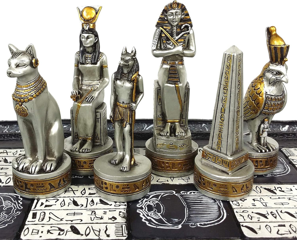 Egyptian Anubis Chess Set Black Silver and Gold Men with 16" Hieroglyphic Board